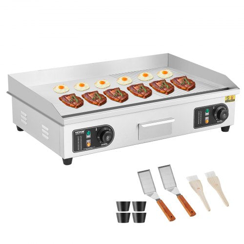 Gewerblicher elektrischer Grill, 4400 W, Tischgrill mit halbflacher Oberfläche, einstellbare Temperatur von 50 °C bis 300 °C, 73 x 40 x 1 cm Edelstahlgrillplatte mit 2 Schaufeln und 2 Bürsten für Zuhause oder Restaurant