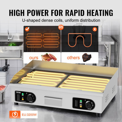 Gewerblicher elektrischer Grill, 4400 W, Tischgrill mit halbflacher Oberfläche, einstellbare Temperatur von 50 °C bis 300 °C, 73 x 40 x 1 cm Edelstahlgrillplatte mit 2 Schaufeln und 2 Bürsten für Zuhause oder Restaurant