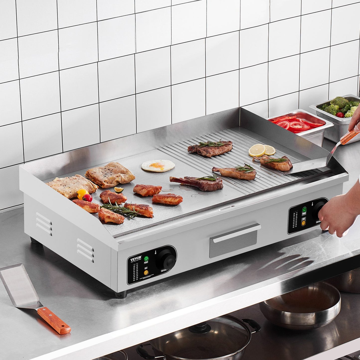 Gewerblicher elektrischer Grill, 4400 W, Tischgrill mit halbflacher Oberfläche, einstellbare Temperatur von 50 °C bis 300 °C, 73 x 40 x 1 cm Edelstahlgrillplatte mit 2 Schaufeln und 2 Bürsten für Zuhause oder Restaurant