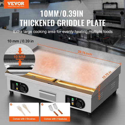 Gewerblicher elektrischer Grill, 4400 W Tischgrill mit flacher Oberfläche, einstellbare Temperatur von 50 °C bis 300 °C, 73 x 40 x 1 cm Edelstahl-Grillplatte mit 2 Schaufeln, für Zuhause oder Restaurant (ohne Stecker)
