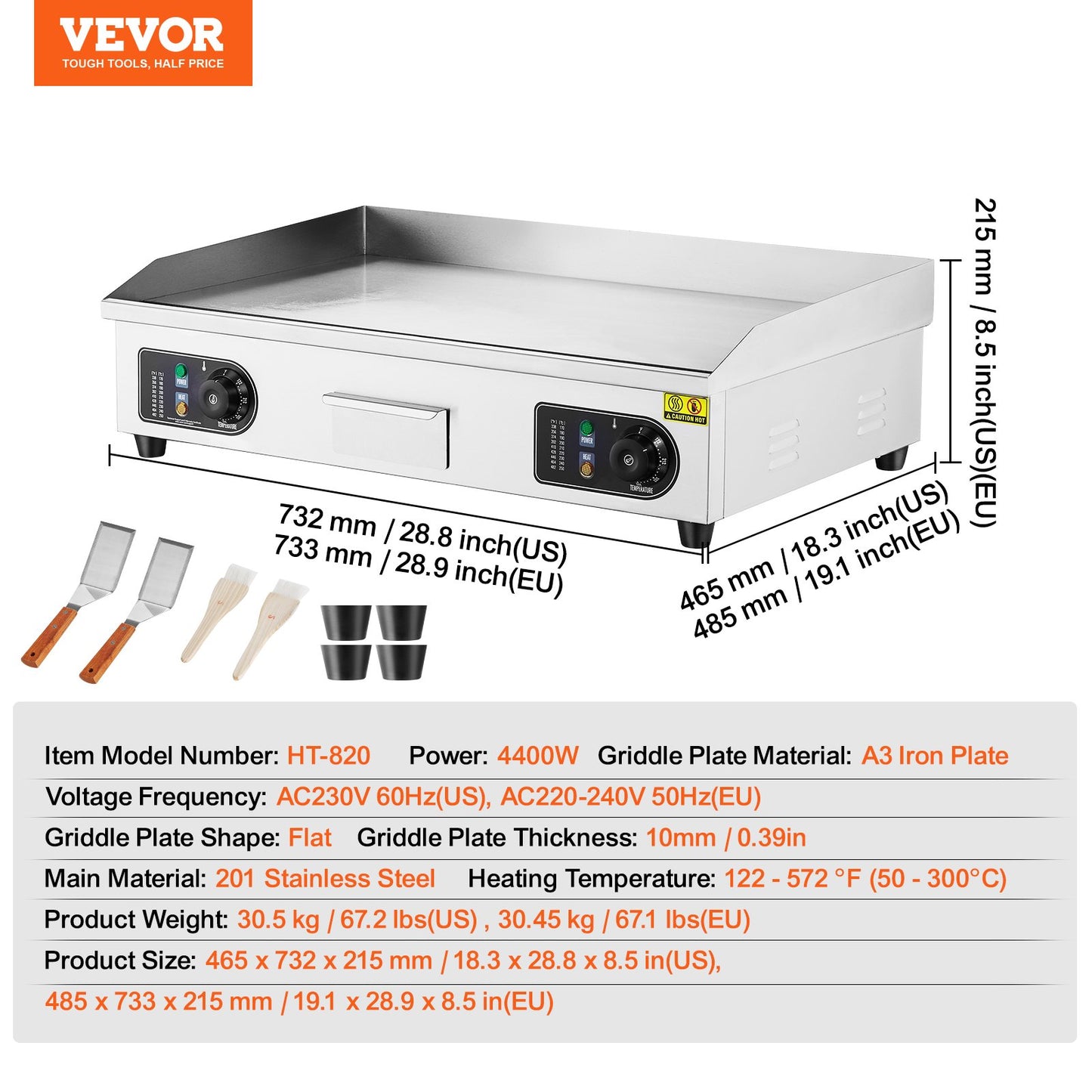 Gewerblicher elektrischer Grill, 4400 W Tischgrill mit flacher Oberfläche, einstellbare Temperatur von 50 °C bis 300 °C, 73 x 40 x 1 cm Edelstahl-Grillplatte mit 2 Schaufeln, für Zuhause oder Restaurant (ohne Stecker)