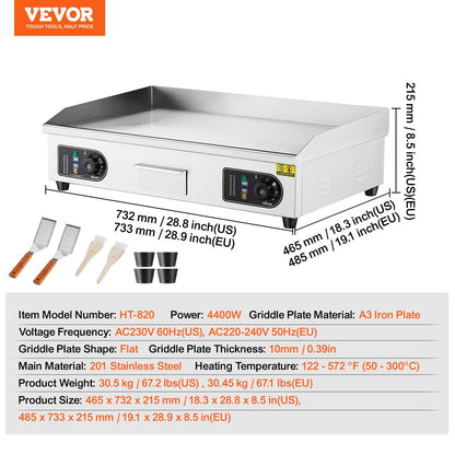 Gewerblicher elektrischer Grill, 4400 W Tischgrill mit flacher Oberfläche, einstellbare Temperatur von 50 °C bis 300 °C, 73 x 40 x 1 cm Edelstahl-Grillplatte mit 2 Schaufeln, für Zuhause oder Restaurant (ohne Stecker)