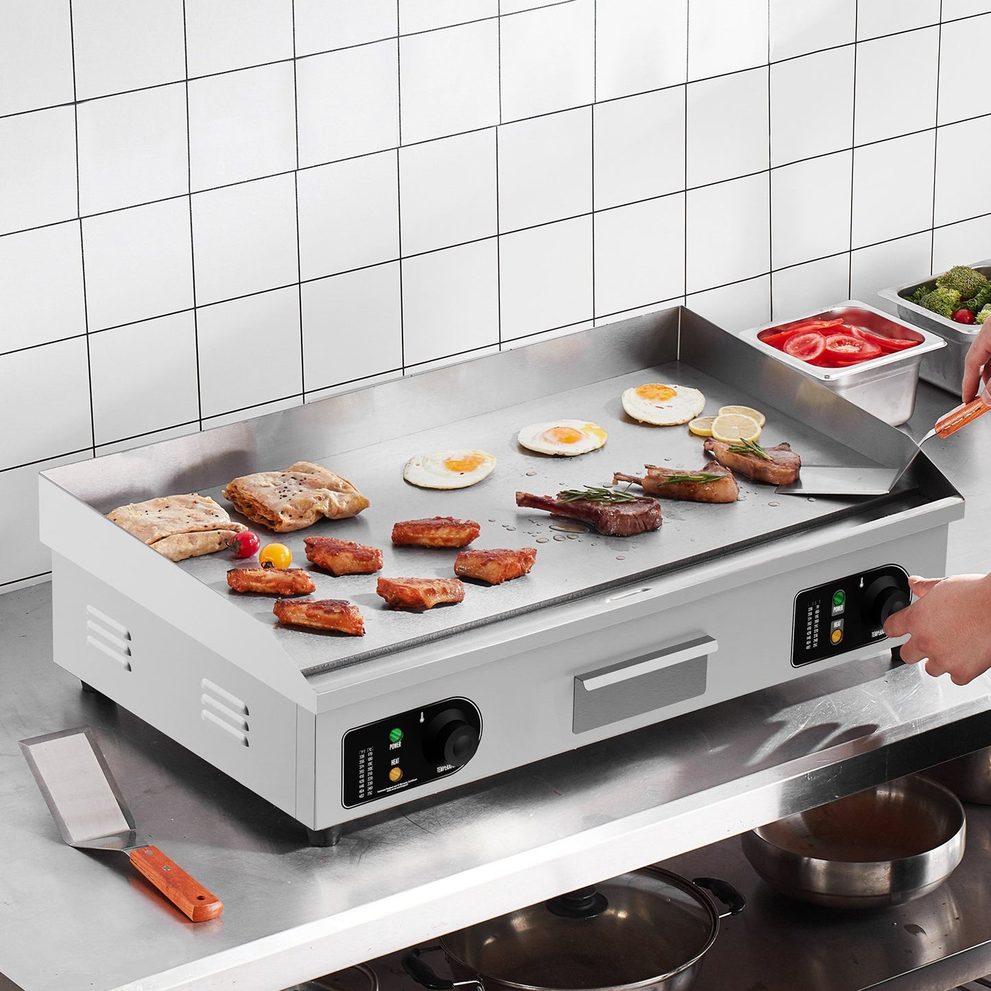 Gewerblicher elektrischer Grill, 4400 W Tischgrill mit flacher Oberfläche, einstellbare Temperatur von 50 °C bis 300 °C, 73 x 40 x 1 cm Edelstahl-Grillplatte mit 2 Schaufeln, für Zuhause oder Restaurant (ohne Stecker)