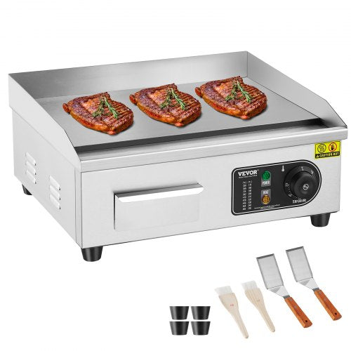 Gewerblicher elektrischer Grill, 2800 W, Tischgrillplatte, Temperatur einstellbar von 50 °C bis 300 °C, 45 x 30 x 1 cm, Edelstahl, inklusive 2 Schaufeln und 2 Bürsten für Zuhause oder Restaurant