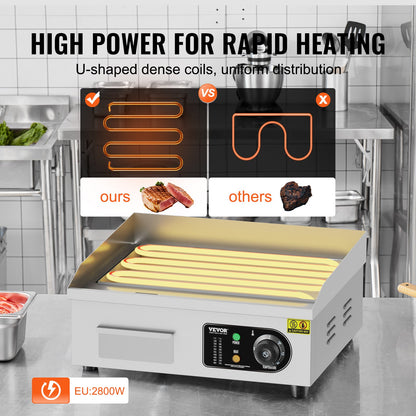 Gewerblicher elektrischer Grill, 2800 W, Tischgrillplatte, Temperatur einstellbar von 50 °C bis 300 °C, 45 x 30 x 1 cm, Edelstahl, inklusive 2 Schaufeln und 2 Bürsten für Zuhause oder Restaurant