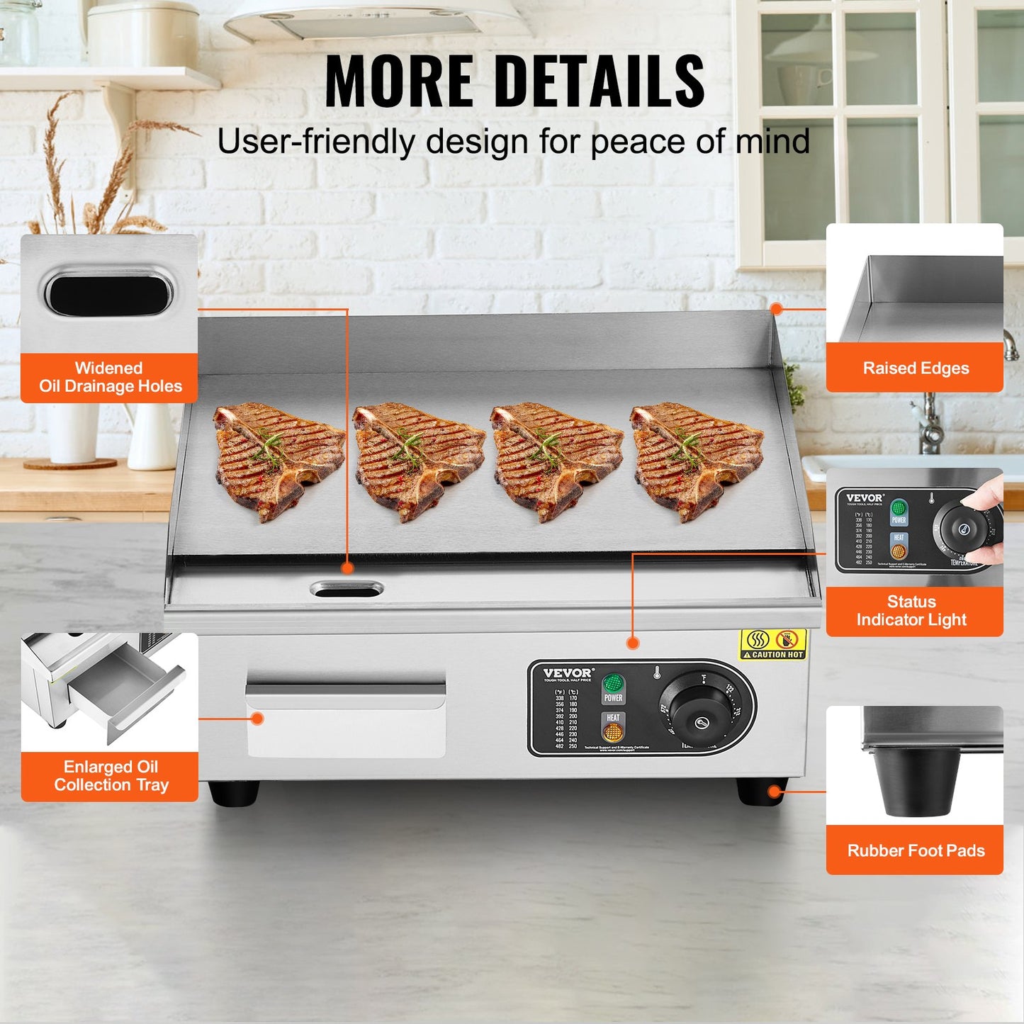 Gewerblicher elektrischer Grill, 2800 W, Tischgrillplatte, Temperatur einstellbar von 50 °C bis 300 °C, 45 x 30 x 1 cm, Edelstahl, inklusive 2 Schaufeln und 2 Bürsten für Zuhause oder Restaurant