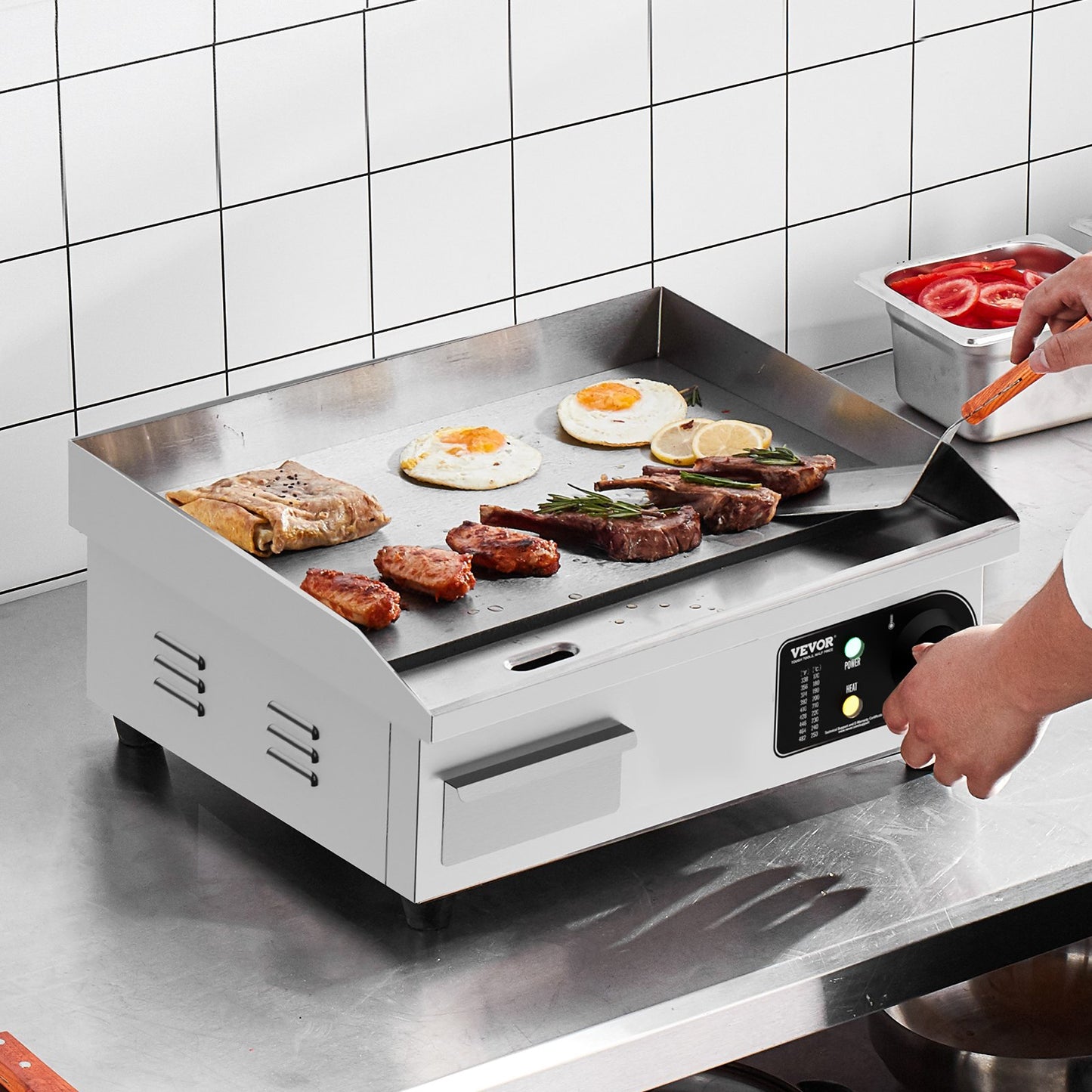 Gewerblicher elektrischer Grill, 2800 W, Tischgrillplatte, Temperatur einstellbar von 50 °C bis 300 °C, 45 x 30 x 1 cm, Edelstahl, inklusive 2 Schaufeln und 2 Bürsten für Zuhause oder Restaurant