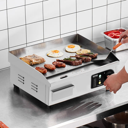 Gewerblicher elektrischer Grill, 2800 W, Tischgrillplatte, Temperatur einstellbar von 50 °C bis 300 °C, 45 x 30 x 1 cm, Edelstahl, inklusive 2 Schaufeln und 2 Bürsten für Zuhause oder Restaurant