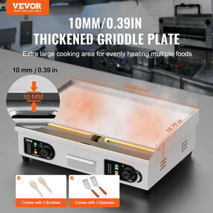 Gewerblicher elektrischer Grill, 4000 W, Tischgrillplatte, Temperatur einstellbar von 50 °C bis 300 °C, 66 x 40 x 1 cm, Edelstahl, inklusive 2 Schaufeln und 2 Bürsten für Zuhause oder Restaurant