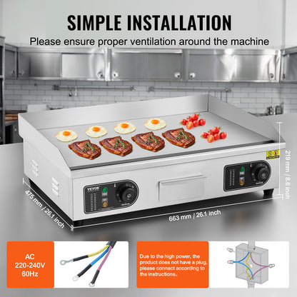 Gewerblicher elektrischer Grill, 4000 W, Tischgrillplatte, Temperatur einstellbar von 50 °C bis 300 °C, 66 x 40 x 1 cm, Edelstahl, inklusive 2 Schaufeln und 2 Bürsten für Zuhause oder Restaurant