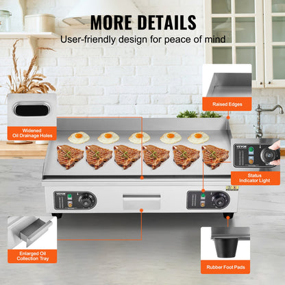 Gewerblicher elektrischer Grill, 4000 W, Tischgrillplatte, Temperatur einstellbar von 50 °C bis 300 °C, 66 x 40 x 1 cm, Edelstahl, inklusive 2 Schaufeln und 2 Bürsten für Zuhause oder Restaurant