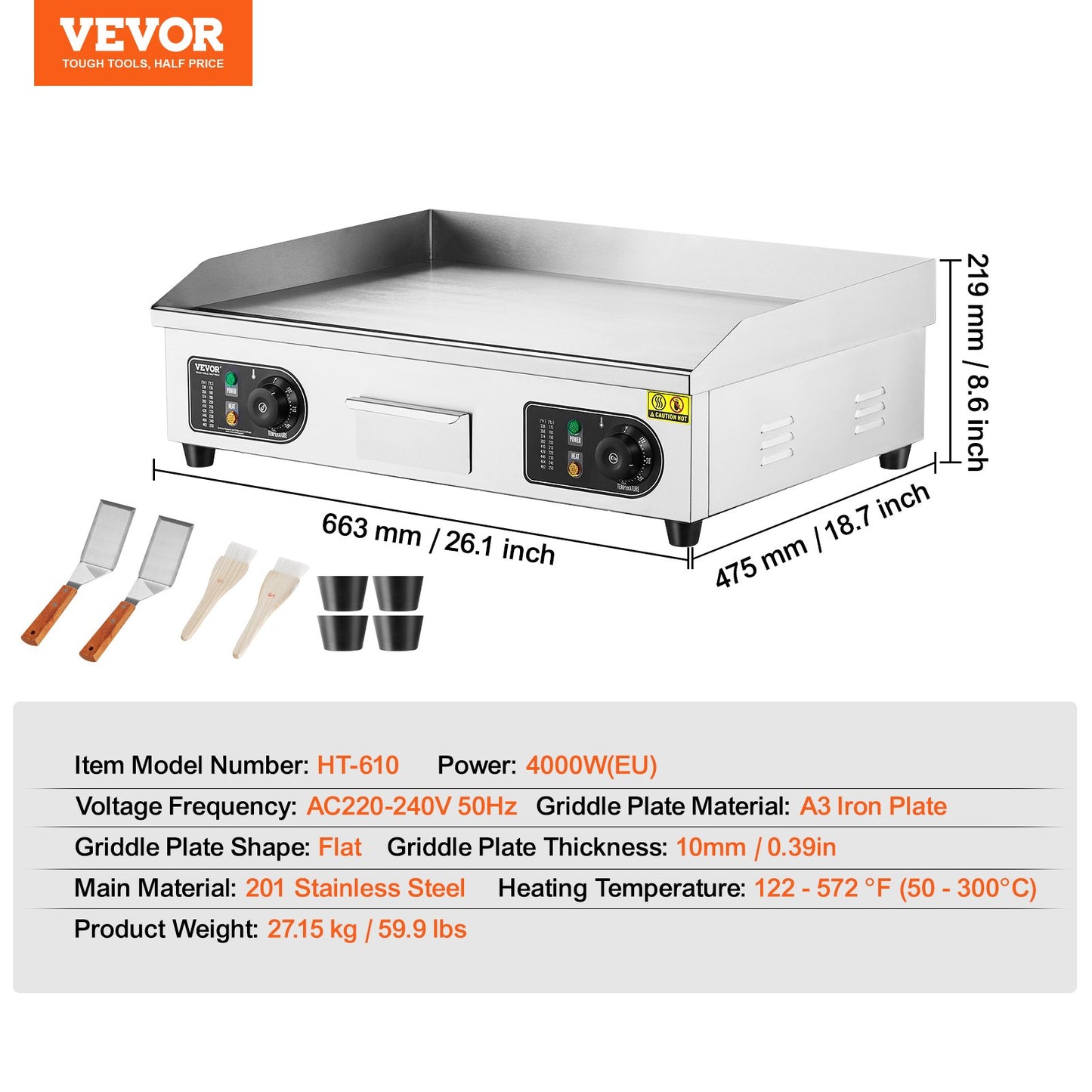 Gewerblicher elektrischer Grill, 4000 W, Tischgrillplatte, Temperatur einstellbar von 50 °C bis 300 °C, 66 x 40 x 1 cm, Edelstahl, inklusive 2 Schaufeln und 2 Bürsten für Zuhause oder Restaurant