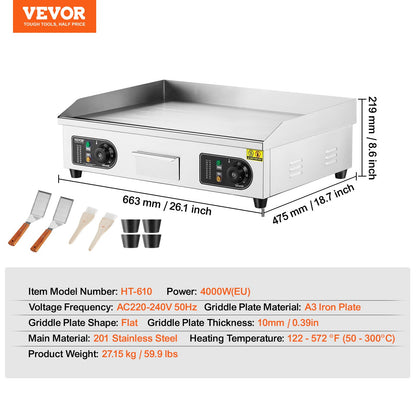 Gewerblicher elektrischer Grill, 4000 W, Tischgrillplatte, Temperatur einstellbar von 50 °C bis 300 °C, 66 x 40 x 1 cm, Edelstahl, inklusive 2 Schaufeln und 2 Bürsten für Zuhause oder Restaurant