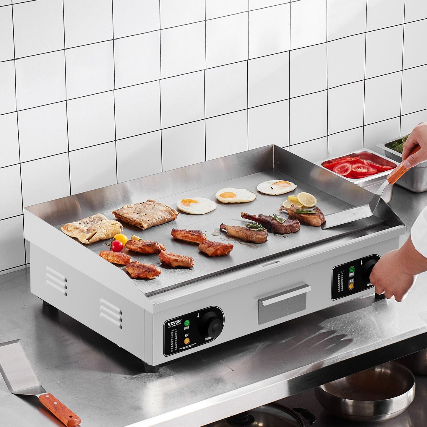 Gewerblicher elektrischer Grill, 4000 W, Tischgrillplatte, Temperatur einstellbar von 50 °C bis 300 °C, 66 x 40 x 1 cm, Edelstahl, inklusive 2 Schaufeln und 2 Bürsten für Zuhause oder Restaurant