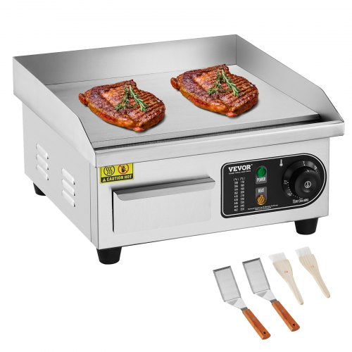 Gewerblicher elektrischer Grill, 2000 W Tischgrillplatte, Temperatur einstellbar von 50 °C bis 300 °C, 36 x 30 x 1 cm Edelstahlgrillplatte mit 2 Schaufeln und 2 Bürsten für Zuhause oder Restaurant