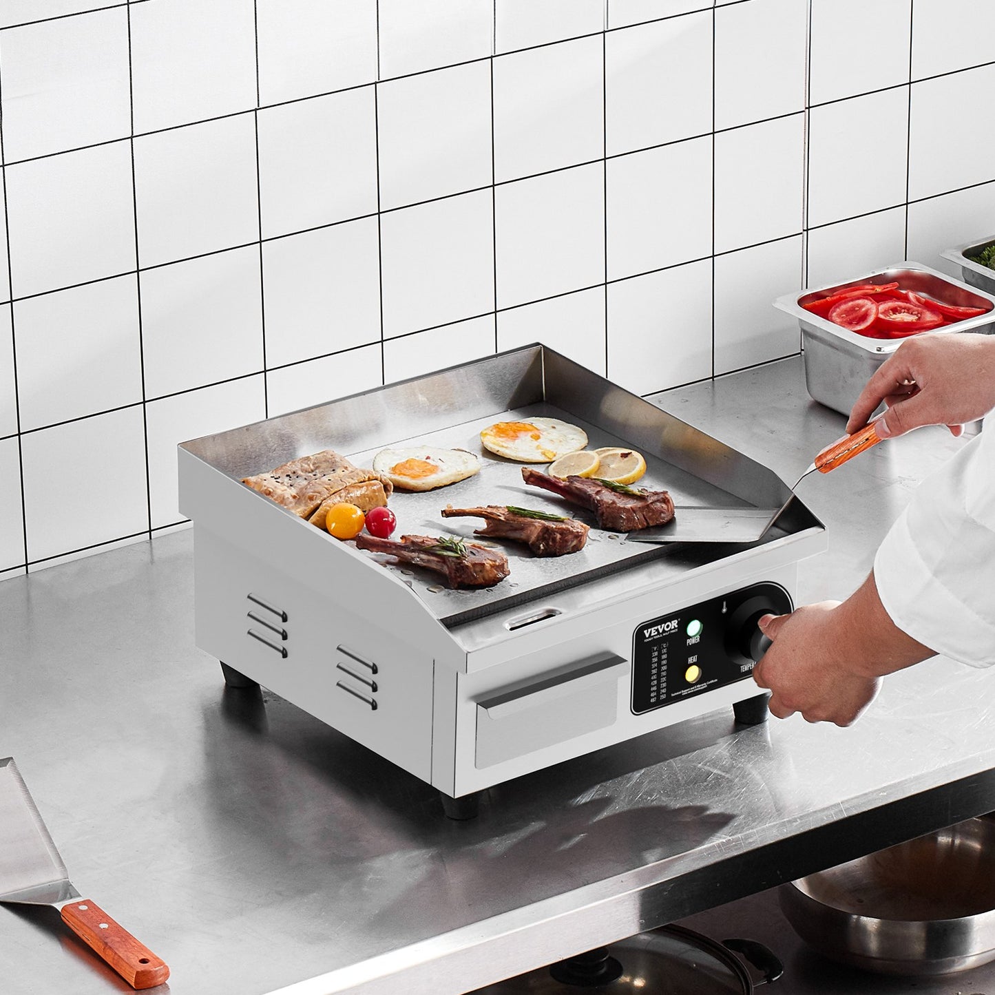 Gewerblicher elektrischer Grill, 2000 W Tischgrillplatte, Temperatur einstellbar von 50 °C bis 300 °C, 36 x 30 x 1 cm Edelstahlgrillplatte mit 2 Schaufeln und 2 Bürsten für Zuhause oder Restaurant