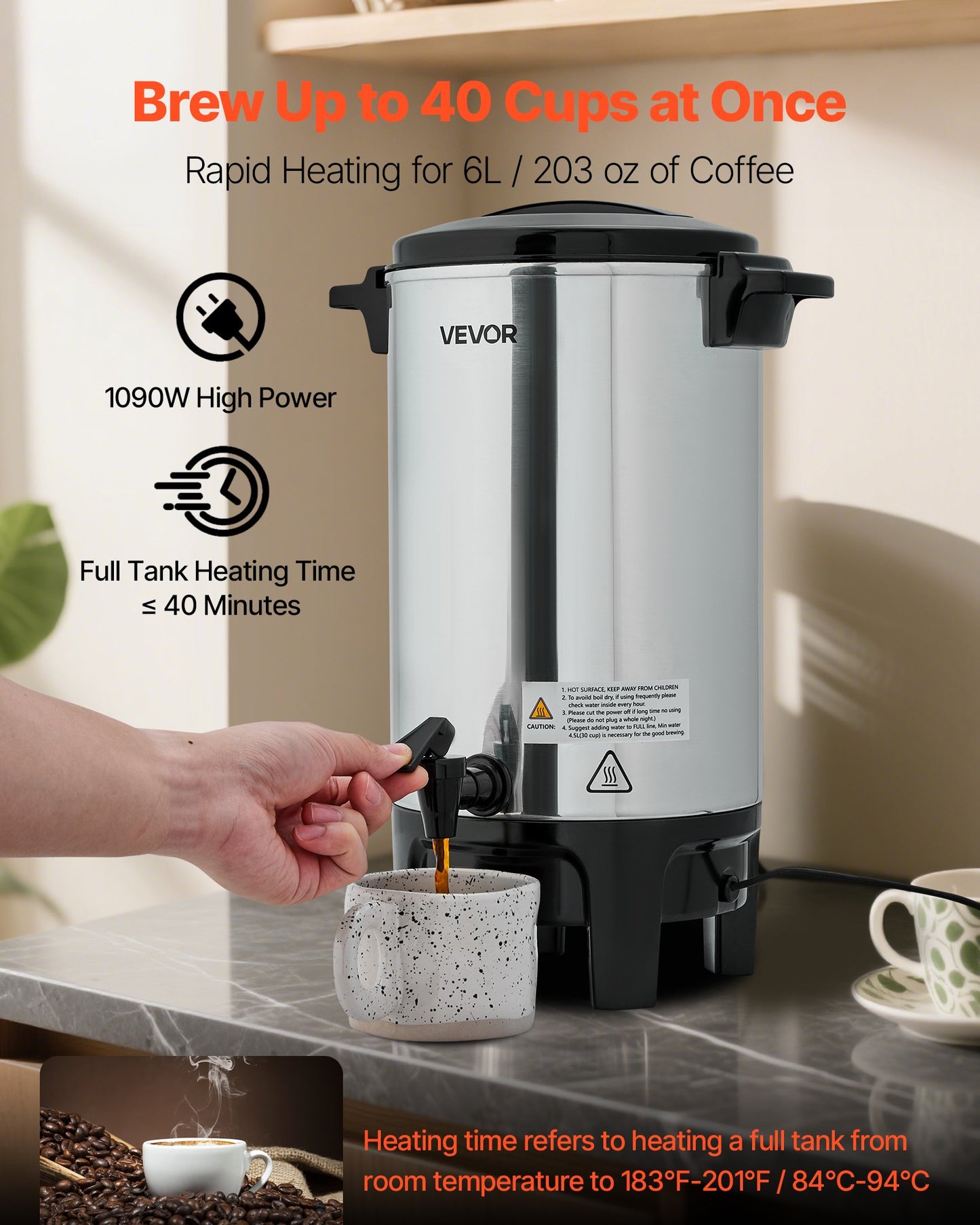 Gewerbliche Kaffeemaschine, 40 Tassen, 6 Liter Heißgetränkespender mit tropffreiem Zapfhahn, Schnellbrüh-Kaffeemaschine, automatische Temperaturregelung, für Catering, Partys, Kirchen und Restaurants