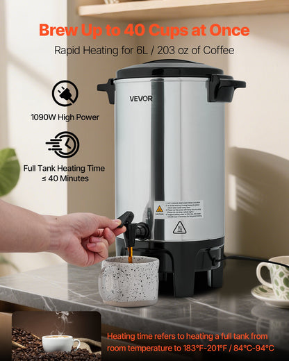 Gewerbliche Kaffeemaschine, 40 Tassen, 6 Liter Heißgetränkespender mit tropffreiem Zapfhahn, Schnellbrüh-Kaffeemaschine, automatische Temperaturregelung, für Catering, Partys, Kirchen und Restaurants