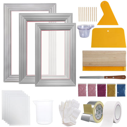 Screen Printing Kit, 3 Pieces Aluminum Silk Screen Printing Frames 6x10/8x12/10x14inch 110 Count Mesh, 5 Glitters and Screen Printing Squeegees and Transparency Films for T-shirts DIY Printing