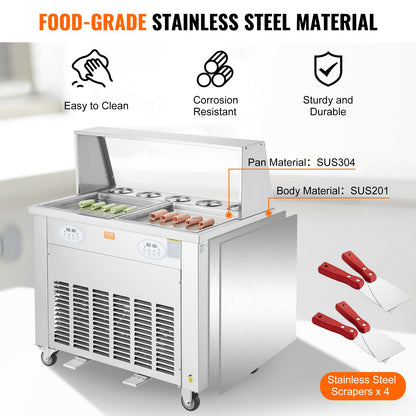 Eisrollenmaschine, 2 quadratische Pfannen (35 x 35 cm) zum Rühren von Eiscreme, gewerbliche Eisrollenmaschine aus Edelstahl mit Kompressor und 4 Schabern, für Eiscreme und Frozen Yogurt