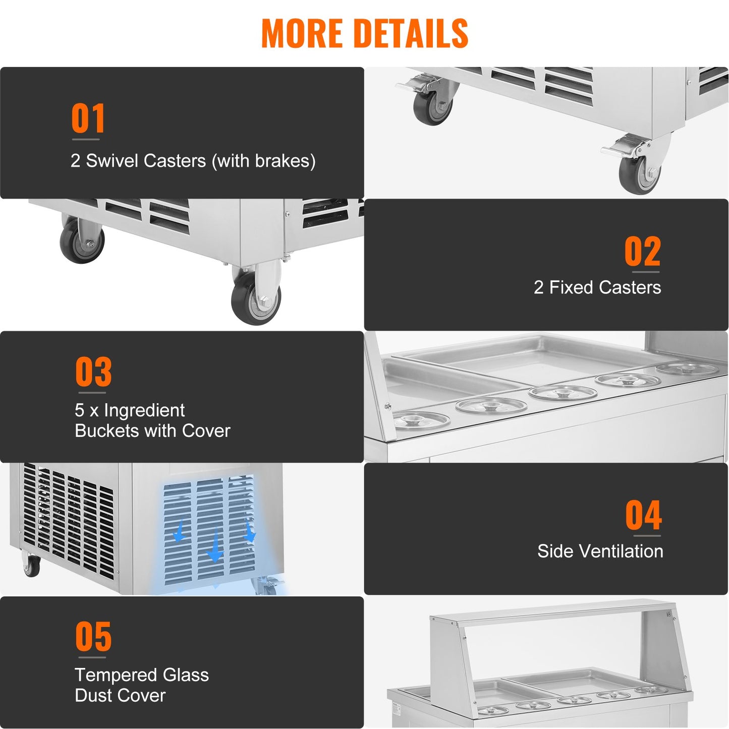 Eisrollenmaschine, 2 quadratische Pfannen (35 x 35 cm) zum Rühren von Eiscreme, gewerbliche Eisrollenmaschine aus Edelstahl mit Kompressor und 4 Schabern, für Eiscreme und Frozen Yogurt