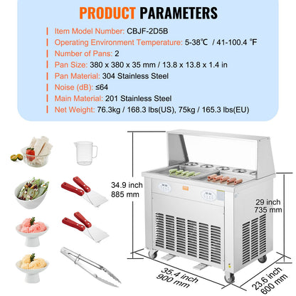 Eisrollenmaschine, 2 quadratische Pfannen (35 x 35 cm) zum Rühren von Eiscreme, gewerbliche Eisrollenmaschine aus Edelstahl mit Kompressor und 4 Schabern, für Eiscreme und Frozen Yogurt