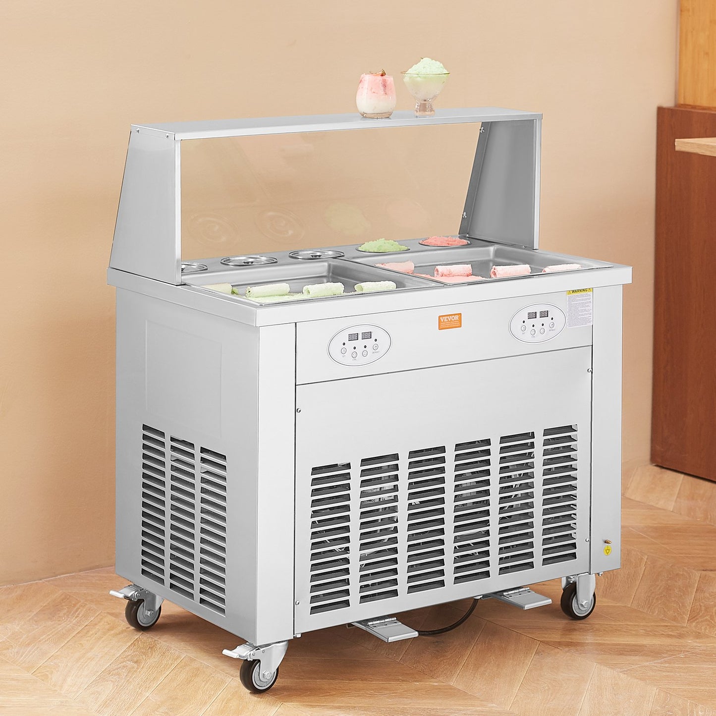 Eisrollenmaschine, 2 quadratische Pfannen (35 x 35 cm) zum Rühren von Eiscreme, gewerbliche Eisrollenmaschine aus Edelstahl mit Kompressor und 4 Schabern, für Eiscreme und Frozen Yogurt