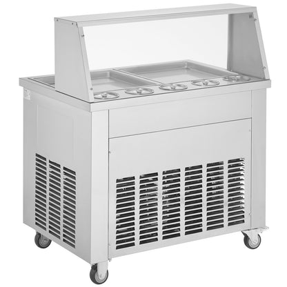 Eisrollenmaschine, 2 quadratische Pfannen (35 x 35 cm) zum Rühren von Eiscreme, gewerbliche Eisrollenmaschine aus Edelstahl mit Kompressor und 4 Schabern, für Eiscreme und Frozen Yogurt