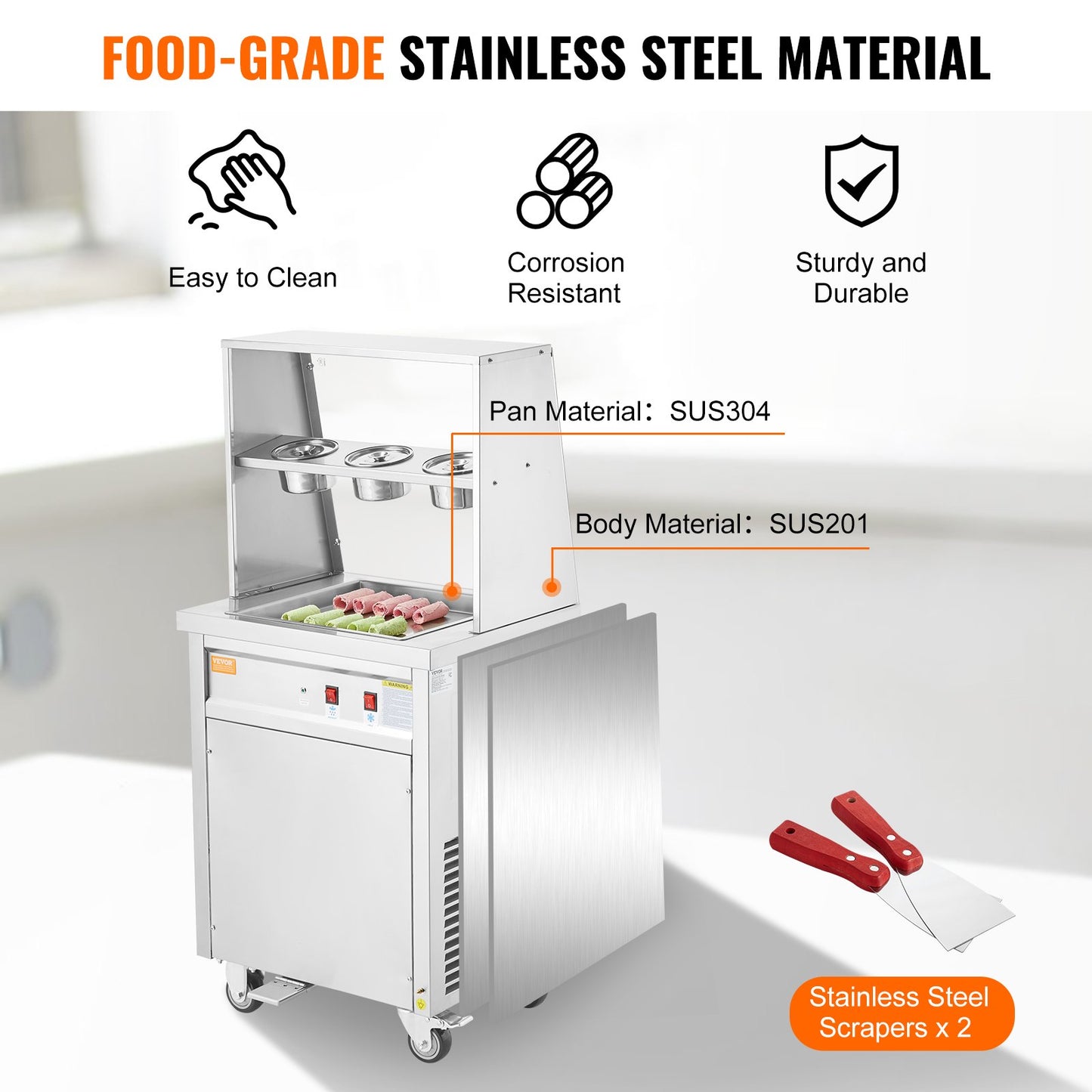 Eisrollenmaschine, quadratische Pfanne (35 x 35 cm) für gebratenes Eis, gewerbliche Eismaschine aus Edelstahl mit Kompressor und 2 Schabern, zur Herstellung von Eiscreme und Frozen Yogurt