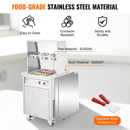 Eisrollenmaschine, quadratische Pfanne (35 x 35 cm) für gebratenes Eis, gewerbliche Eismaschine aus Edelstahl mit Kompressor und 2 Schabern, zur Herstellung von Eiscreme und Frozen Yogurt