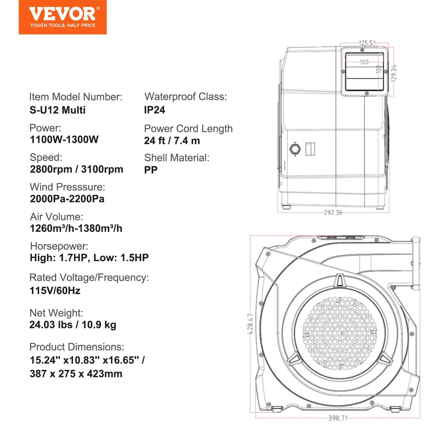 Aufblasbares Gebläse, 1100 W, 1,5 &amp; 1,7 PS, Gebläsepumpe für Hüpfburgen, gewerbliches Gebläse für aufblasbare Produkte, 3100 U/min, elektrischer Ventilator für Hüpfburgen und Wasserrutschen, geprüft nach UL-Standards