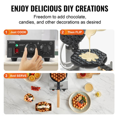 Gewerblicher Waffelautomat, 1400-W-Eierpfannkuchen-Backmaschine, antihaftbeschichteter Edelstahl, 180° drehbar, Temperatur- und Zeitregelung, Holzgriff, für Restaurants, Bäckereien und Imbissbuden