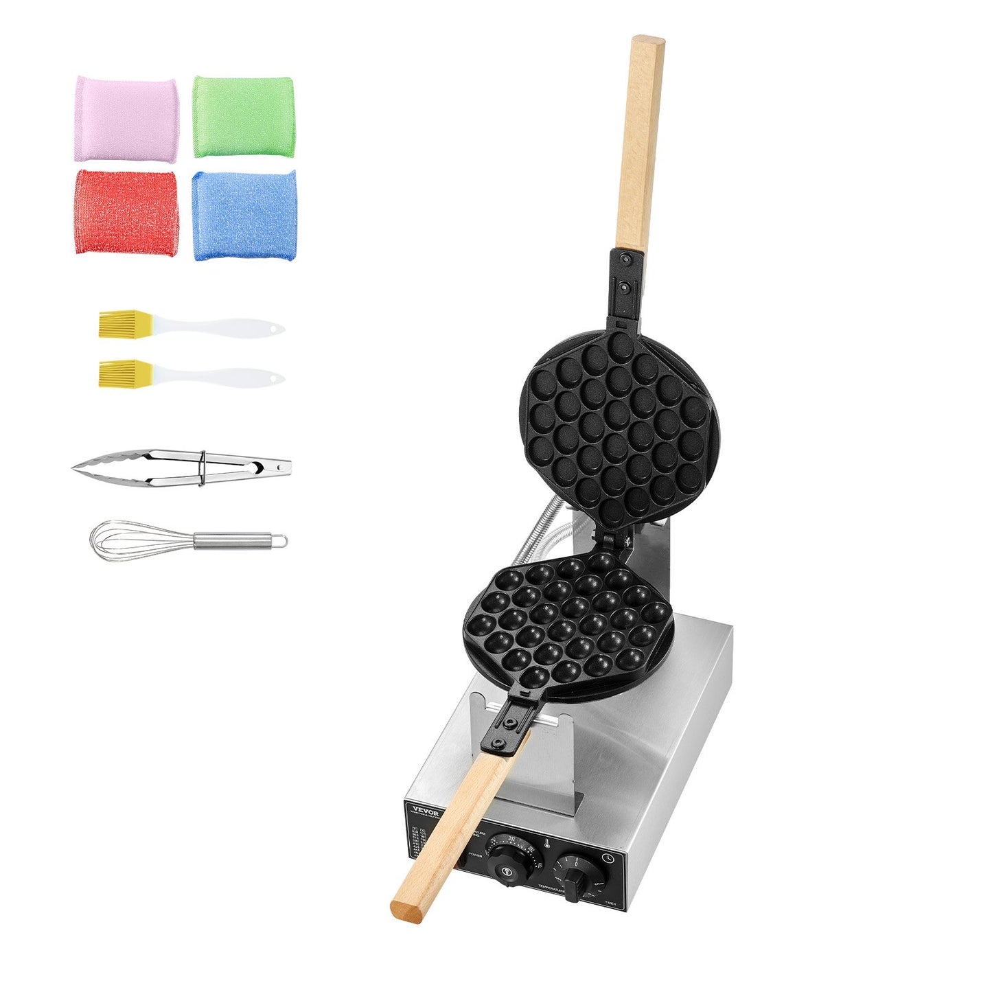 Gewerblicher Waffelautomat, 1400-W-Eierpfannkuchen-Backmaschine, antihaftbeschichteter Edelstahl, 180° drehbar, Temperatur- und Zeitregelung, Holzgriff, für Restaurants, Bäckereien und Imbissbuden