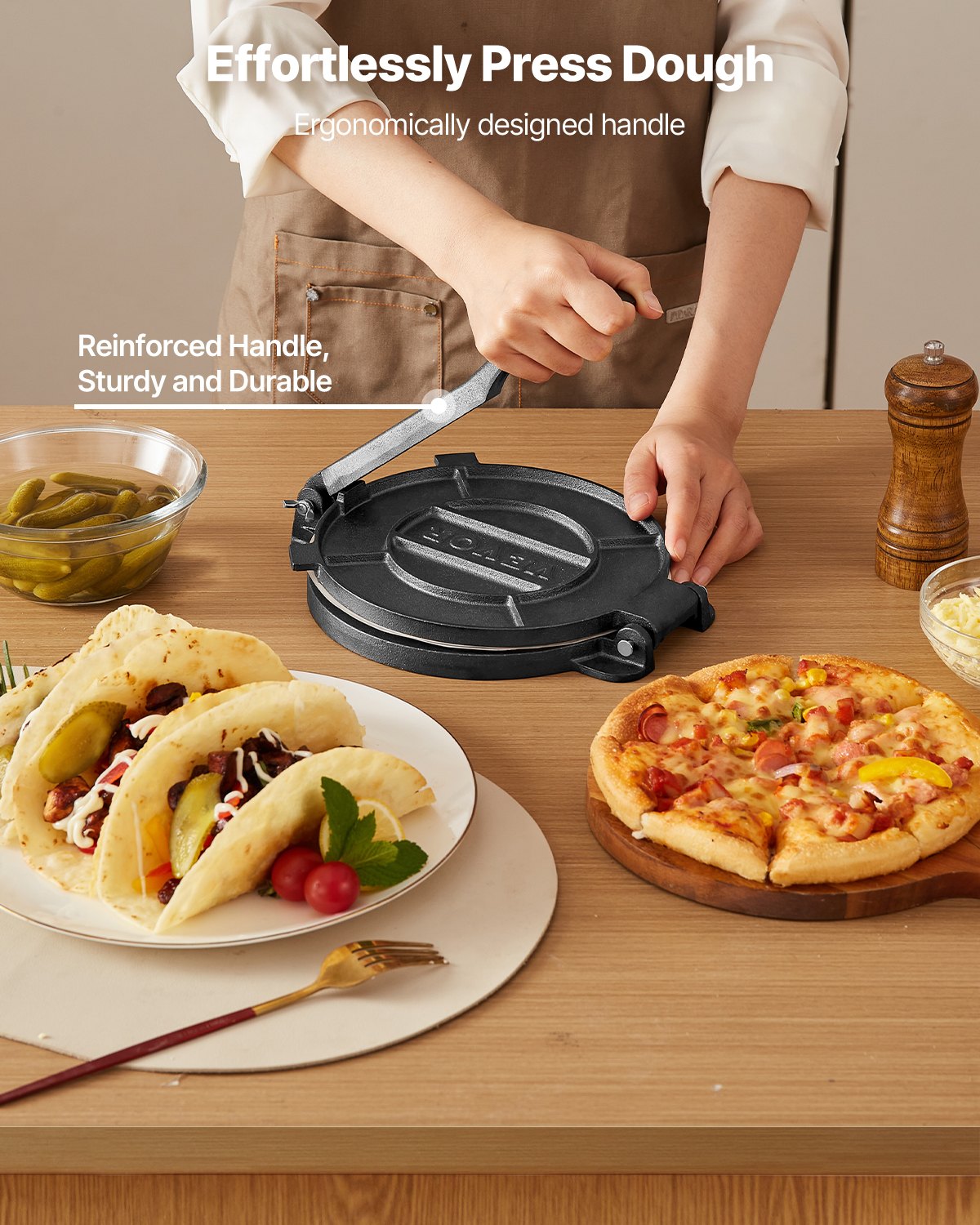 Tortillapresse, 25 cm (10 Zoll) Tortilla- und Roti-Maker aus Gusseisen, robuste Tortilladora-Presse, Pataconera-Maker mit Griff und 100 Stück Backpapier, Teigpresse für Mehltortillas, Tawa