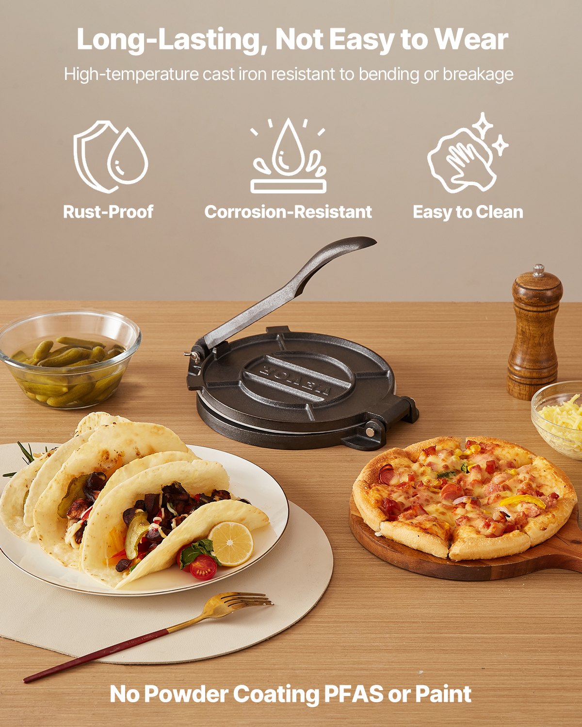 Tortillapresse, 20 cm (8 Zoll) Tortilla- und Roti-Maker aus Gusseisen, robuste Tortilladora-Presse, Pataconera-Maker mit Griff und 100 Stück Backpapier, Teigpresse für Mehltortillas, Tawa