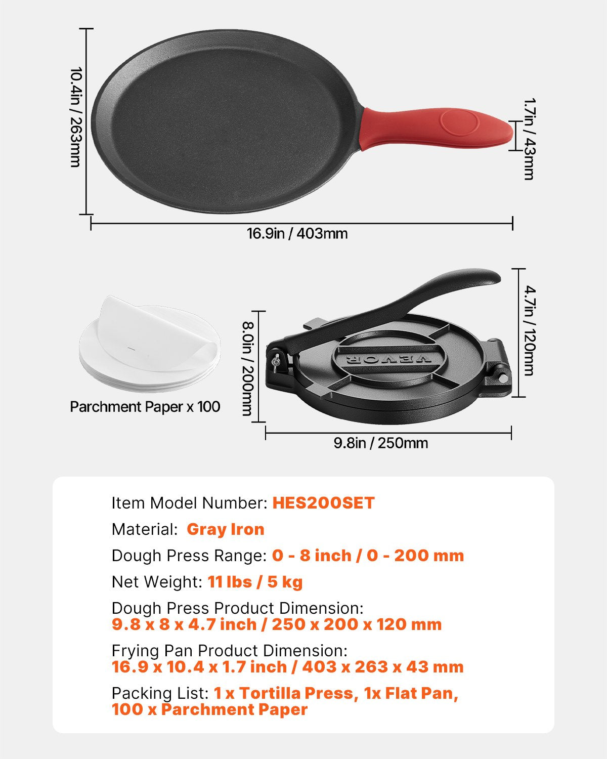 Tortillapresse, 20 cm (8 Zoll) Tortilla- und Roti-Maker aus Gusseisen, robuste Tortilladora-Presse, Pataconera-Maker mit Griff und 100 Stück Backpapier, Teigpresse für Mehltortillas, Tawa