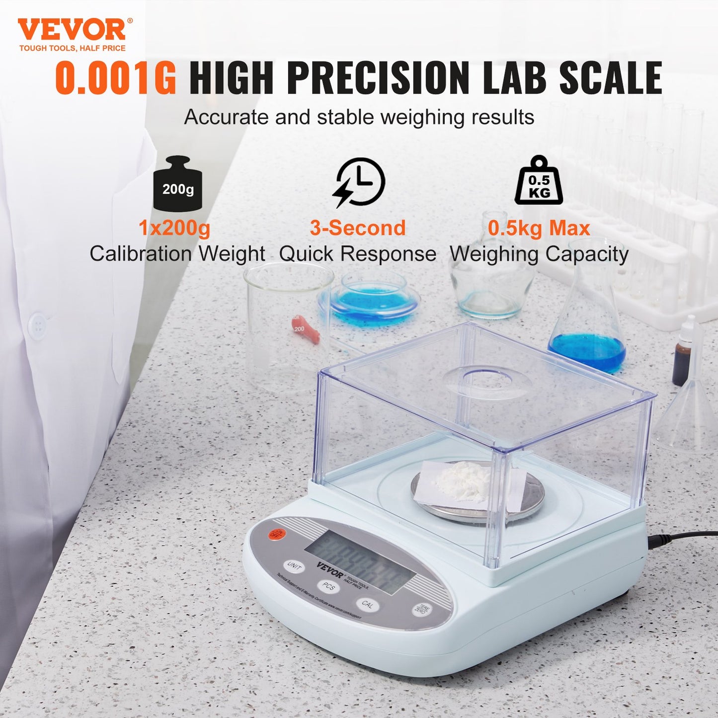 Analytical Balance, 500 gram x 0.001g Accuracy High Precision Lab Scale, 13 Units Conversion Electronic Scientific Laboratory Scale with Windshield, LCD Display Digital Jewelry Weighing Scale