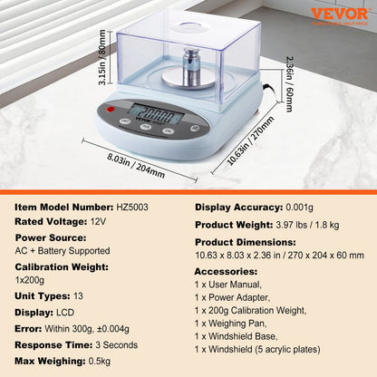Analytical Balance, 500 gram x 0.001g Accuracy High Precision Lab Scale, 13 Units Conversion Electronic Scientific Laboratory Scale with Windshield, LCD Display Digital Jewelry Weighing Scale