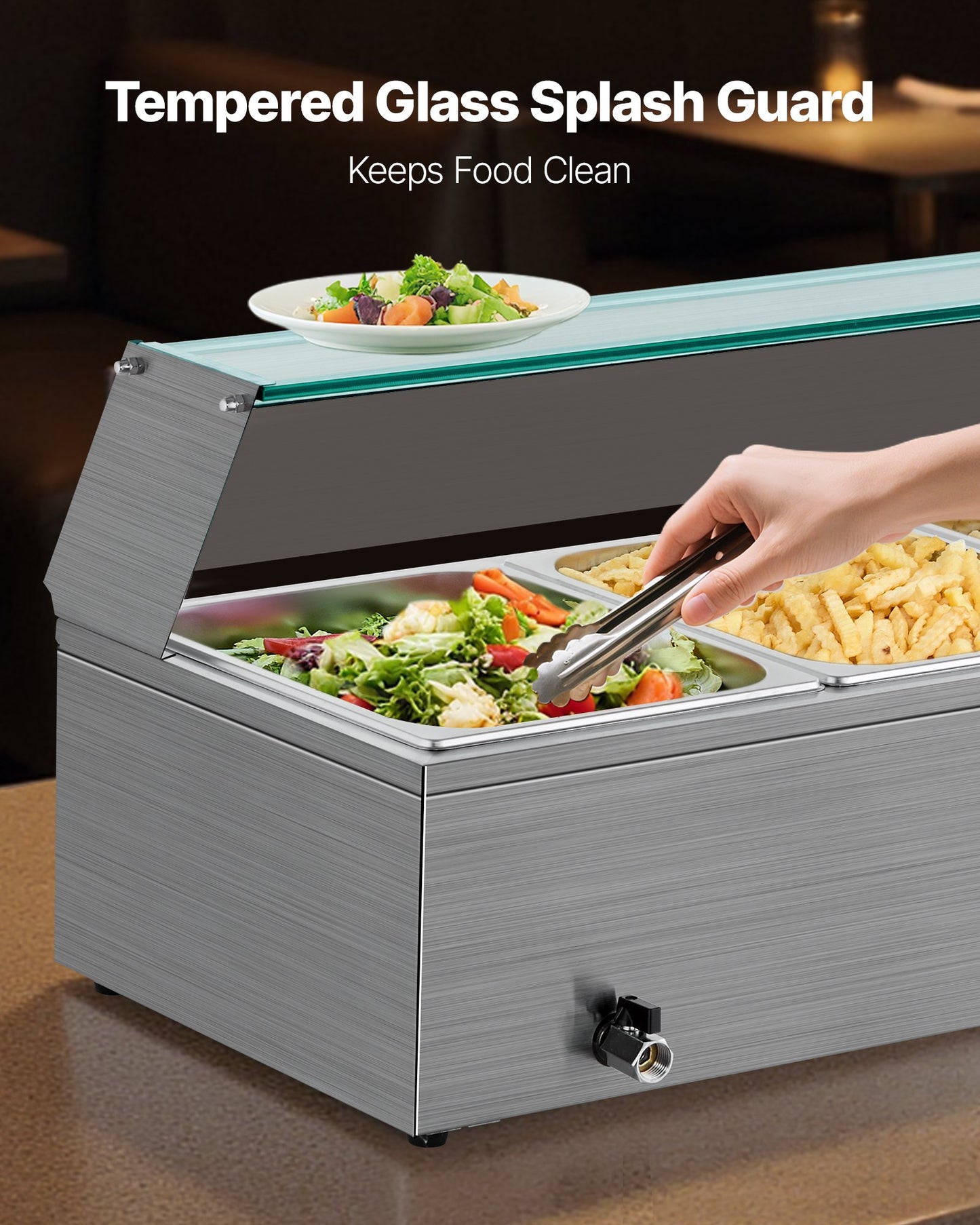 Commercial Food Warmer, 1500W Electric Stainless Steel Steam Food Warmer with Glass Cover, 3-Pan Countertop Buffet Bain Marie with Soup & Perforated Ladles, for Catering, Restaurant & Party