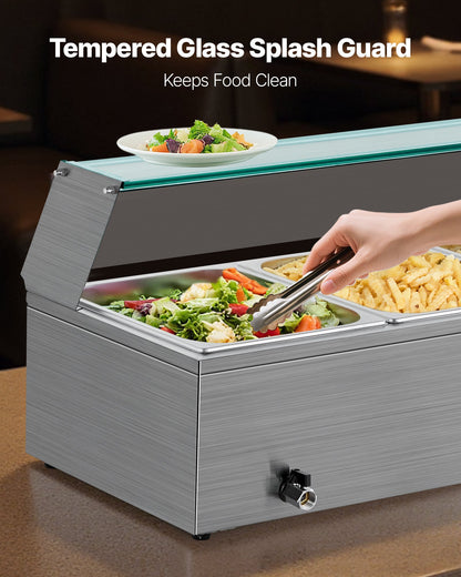 Commercial Food Warmer, 1500W Electric Stainless Steel Steam Food Warmer with Glass Cover, 3-Pan Countertop Buffet Bain Marie with Soup & Perforated Ladles, for Catering, Restaurant & Party