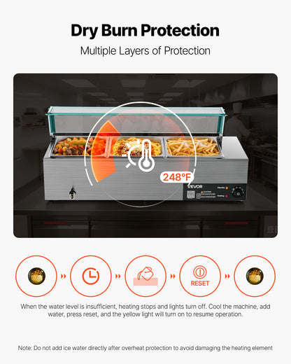 Commercial Food Warmer, 1500W Electric Stainless Steel Steam Food Warmer with Glass Cover, 3-Pan Countertop Buffet Bain Marie with Soup & Perforated Ladles, for Catering, Restaurant & Party