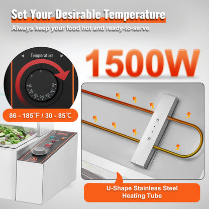 3-Pan Commercial Food Warmer, 3 x 8QT Electric Steam Table with Glass Cover, 1500W Countertop Stainless Steel Buffet Bain Marie 86-185°F Temp Control for Catering, Restaurants, Silver