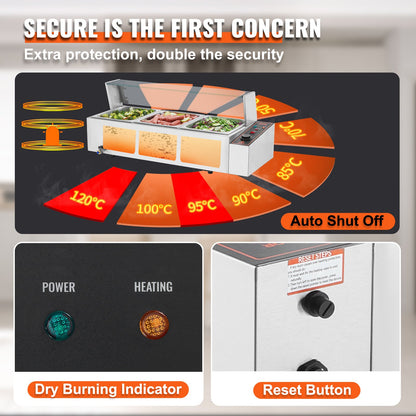 3-Pan Commercial Food Warmer, 3 x 8QT Electric Steam Table with Glass Cover, 1500W Countertop Stainless Steel Buffet Bain Marie 86-185°F Temp Control for Catering, Restaurants, Silver
