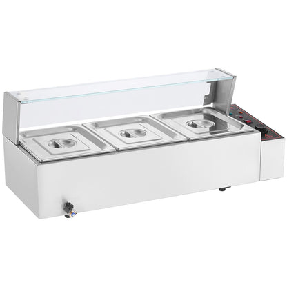 3-Pan Commercial Food Warmer, 3 x 8QT Electric Steam Table with Glass Cover, 1500W Countertop Stainless Steel Buffet Bain Marie 86-185°F Temp Control for Catering, Restaurants, Silver