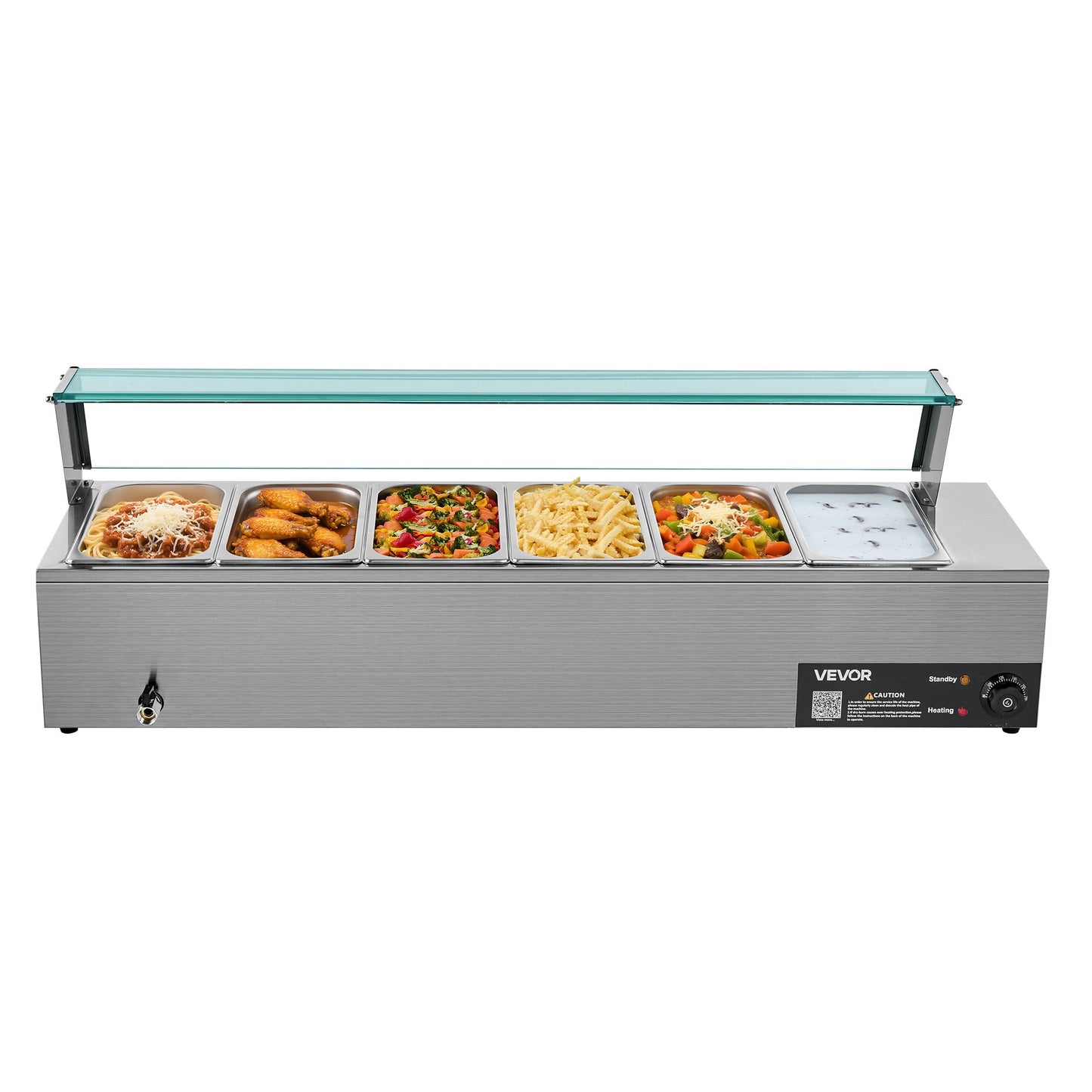 Commercial Food Warmer, 1500W Electric Stainless Steel Steam Food Warmer with Glass Cover, 6 x 1/3 Size Pans Buffet Bain Marie with Soup & Perforated Ladles, for Catering, Restaurant & Party