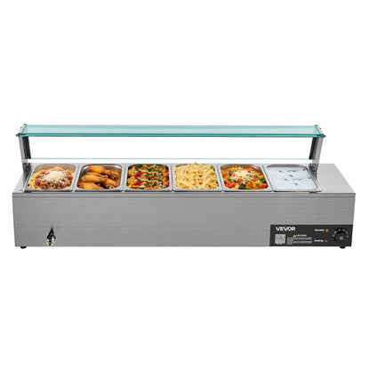 Commercial Food Warmer, 1500W Electric Stainless Steel Steam Food Warmer with Glass Cover, 6 x 1/3 Size Pans Buffet Bain Marie with Soup & Perforated Ladles, for Catering, Restaurant & Party