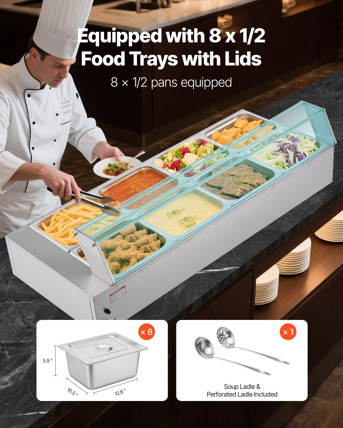 Commercial Food Warmer, 1700W Electric Stainless Steel Steam Food Warmer with Glass Cover, 8-Pan Countertop Buffet Bain Marie with Soup & Perforated Ladles, for Catering, Restaurant & Party