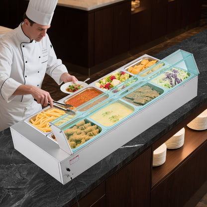 Commercial Food Warmer, 1700W Electric Stainless Steel Steam Food Warmer with Glass Cover, 8-Pan Countertop Buffet Bain Marie with Soup & Perforated Ladles, for Catering, Restaurant & Party