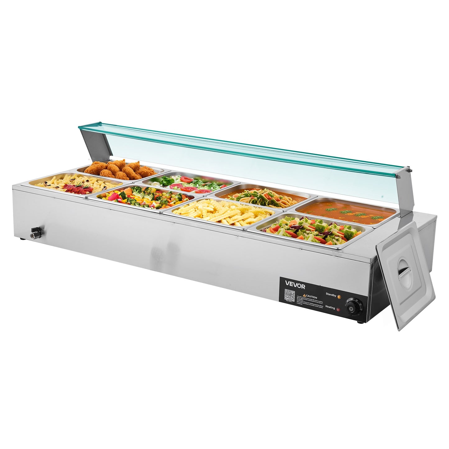 Commercial Food Warmer, 1700W Electric Stainless Steel Steam Food Warmer with Glass Cover, 8-Pan Countertop Buffet Bain Marie with Soup & Perforated Ladles, for Catering, Restaurant & Party