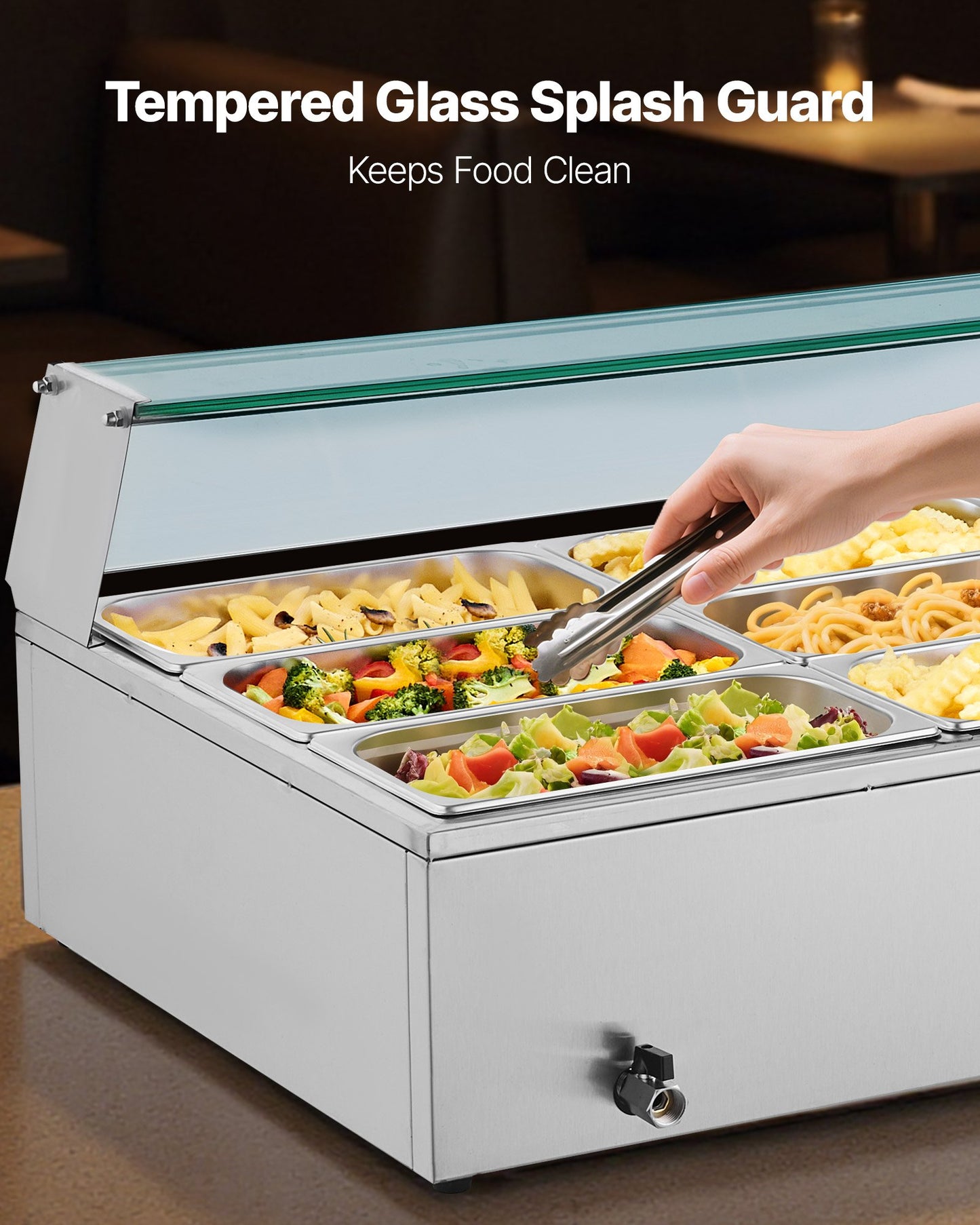 Commercial Food Warmer, 1500W Electric Stainless Steel Steam Food Warmer with Glass Cover, 9-Pan Countertop Buffet Bain Marie with Soup & Perforated Ladles, for Catering, Restaurant & Party